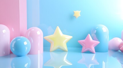 Playful 3D scene with oversized pastel-colored stars and moons for whimsical and creative designs