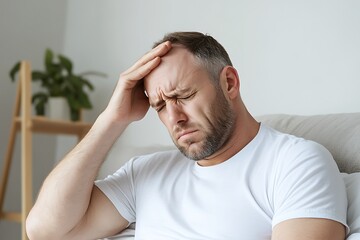 Fototapeta premium Frustrated man holding head living room emotional portrait indoor close-up stress relief tips