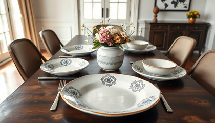 A beautifully arranged dining table with ornate plates, floral centerpiece, and soft lighting, ideal for hosting dinner parties or enhancing interior decor charm.

