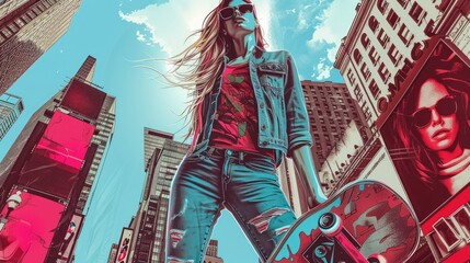 Young woman in sunglasses poses confidently with skateboard in vibrant urban setting, surrounded by skyscrapers and digital billboards