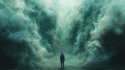Obraz premium A solitary figure stands amidst swirling clouds, evoking a sense of mystery and introspection.