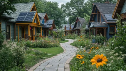 picturesque eco friendly community with solar panels on colorful houses and lush gardens. winding path adds charm to sustainable neighborhood, promoting local impact. 