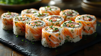 Close-up of gourmet sushi rolls with fresh salmon, prosciutto, and cheese, garnished with parsley on a black slate surface. Elegant Japanese cuisine and fine dining concept.