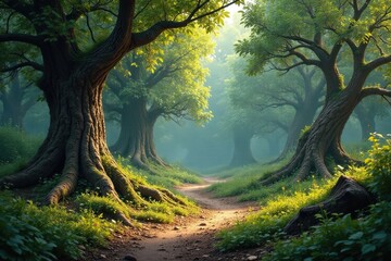 Naklejka premium Earthy landscape features tree stumps weathered branches trees overgrown, stumps, trees,