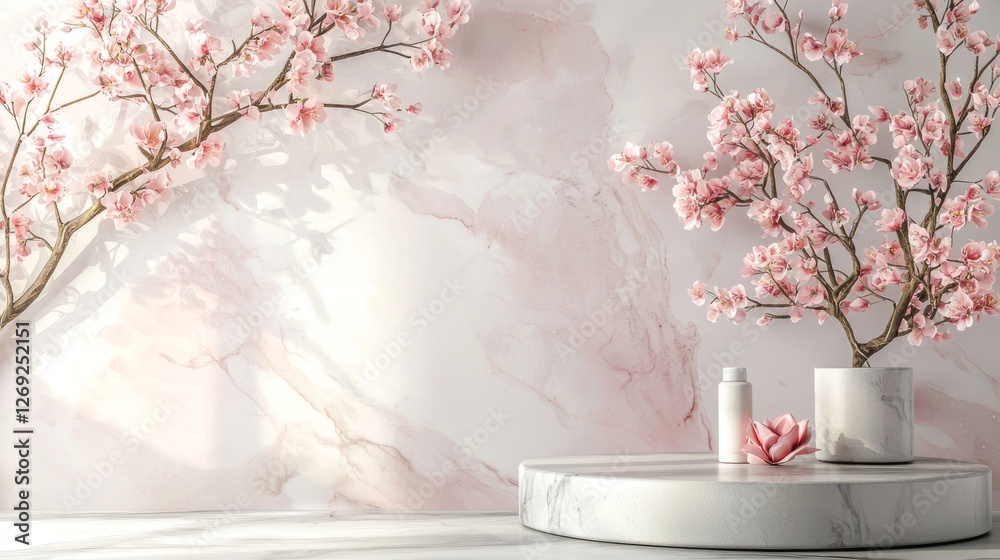 Poster a minimalistic setting features a smooth, round podium adorned with delicate cherry blossom branches