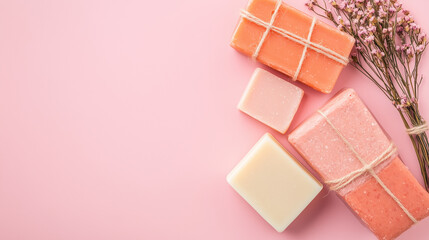 Fototapeta premium Handmade soaps arranged aesthetically with dried flowers on pink background create serene and inviting atmosphere. Perfect for relaxation and self care