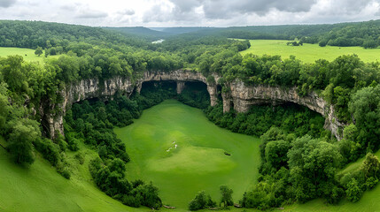 Aerial view of green valley, sinkhole, lush forest