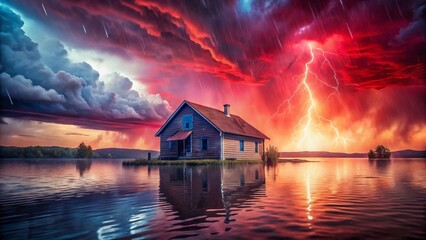 Fototapeta premium Surreal Double Exposure: House Submerged in Crimson Rain - Apocalyptic Landscape Stock Photo