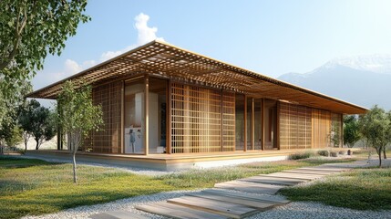 modern sustainable house with passive design features, surrounded by nature and mountains, showcasing wooden lattice architecture and serene atmosphere. 