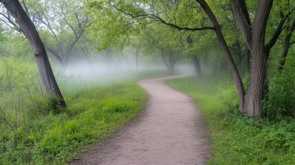 Obraz premium Misty Morning Path Winding Through Lush Green Woods