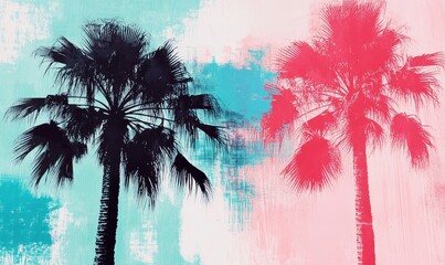 Palm trees painted on colorful textured background.