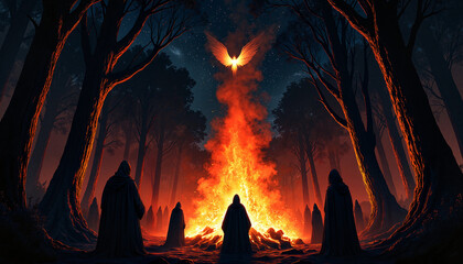 The Wheel of the Year. Mystical robed figures gathering around a towering bonfire, Samhain spirit