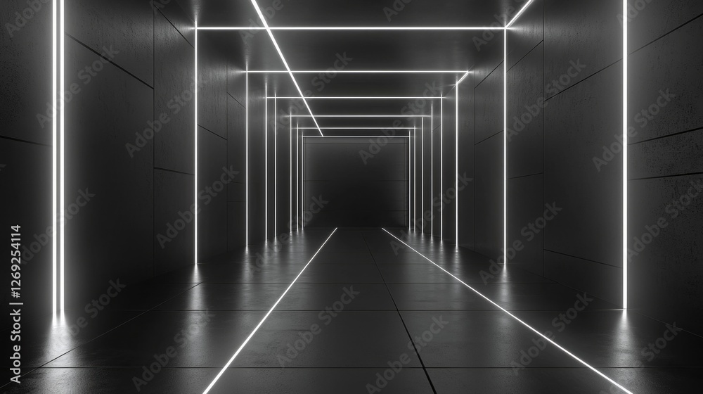 Poster a captivating corridor showcases sleek black surfaces lined with glowing light strips, creating an e