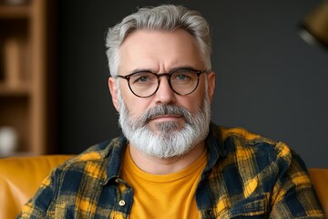 Obraz premium Close-up character study confident middle-aged man in modern indoor lifestyle