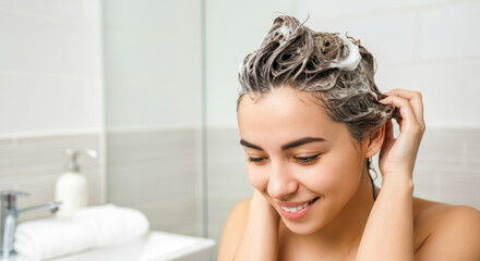 Naklejka premium Young woman smiling while washing hair with shampoo in modern bathroom
