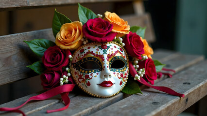 Fototapeta premium A beautifully decorated Venetian-style mask adorned with roses and golden details. Perfect for masquerade parties, artistic photography, and cultural celebrations. Selective focus