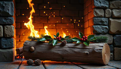 The Wheel of the Year. Yule log burning in fireplace with holiday decorations, warmth and tradition