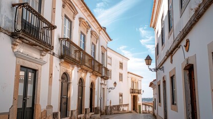 Charming cobblestone street in a historic town with elegant architecture and clear blue skies, inviting exploration