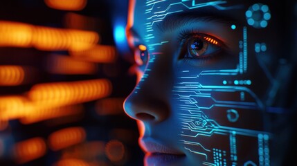 Woman's face, circuit overlay, server room, digital future