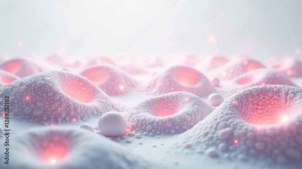 Poster abstract pink cellular landscape with luminescent particles and spheres