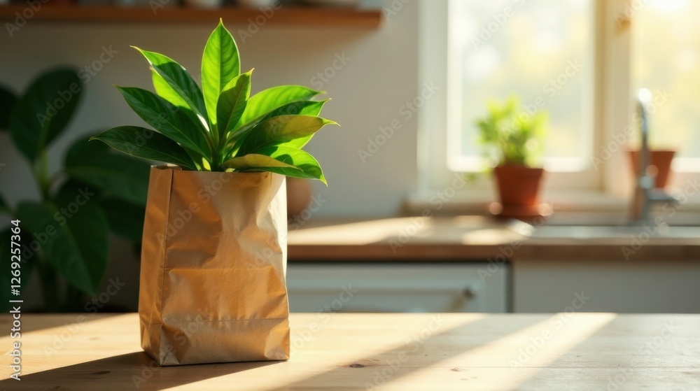 Poster sunlit greenery in a simple paper bag on a wooden tabletop