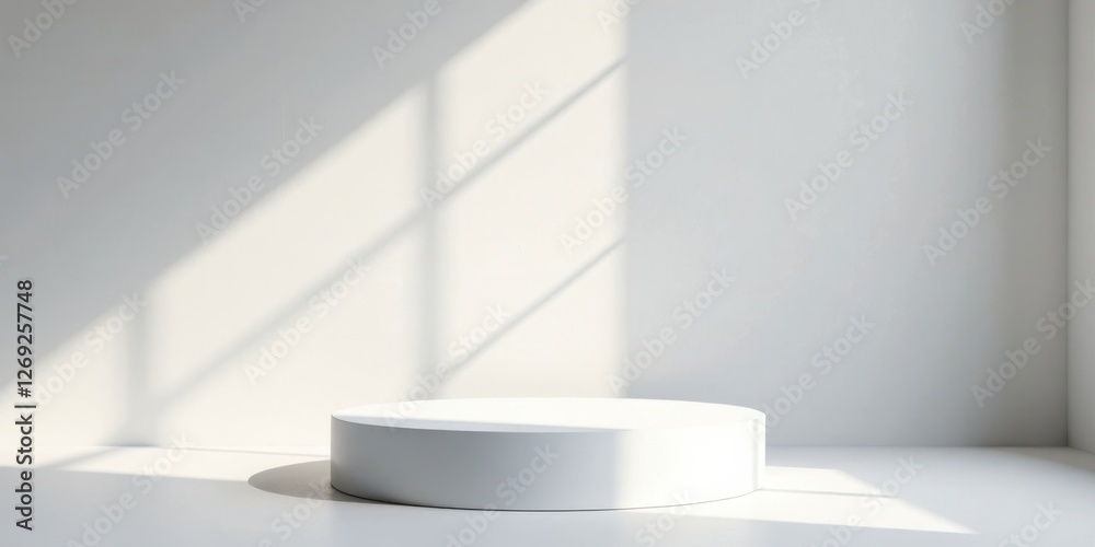 Fototapete a minimalist white circular pedestal in a sunlit room with subtle shadow play creating a clean and m