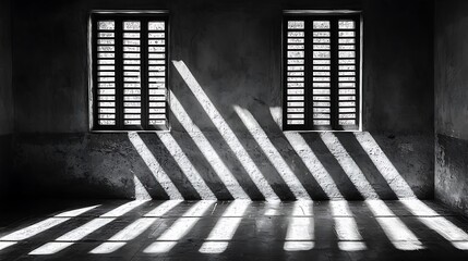 Sunbeams streak prison cell floor, light through barred windows, grunge wall