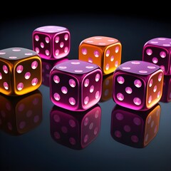 Hyper-Realistic Glossy 3D Dice with Vibrant Neon Colors and Reflective Metallic Surface