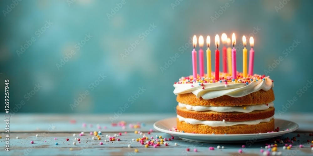 Poster a delightful three-layered vanilla cake adorned with colorful sprinkles and lit candles, resting on 