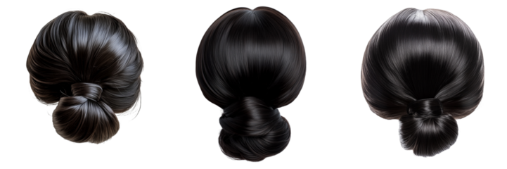 Set of A close-up shot of a woman’s hands securing a drawstring straight bun hairpiece into her updo on transparent png background. Ai generated