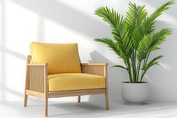 Bright yellow armchair with green plant in a natural light-filled minimalist living room