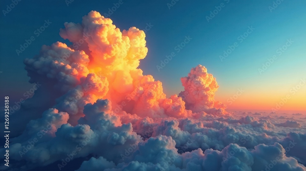 Poster a breathtaking panoramic view of vibrant sunset cloudscape, displaying a majestic array of fluffy cu