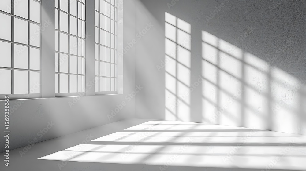 Aufkleber Sunlight streams through large windows in a white room, casting shadows on the walls; ideal for product displays