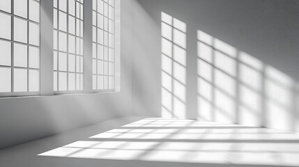 Fototapeta premium Sunlight streams through large windows in a white room, casting shadows on the walls; ideal for product displays