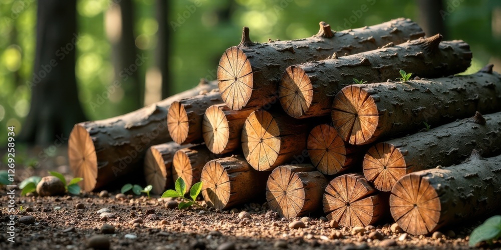 Poster a stack of sunlit logs resting on the forest floor, showing the beautiful texture of wood and the se
