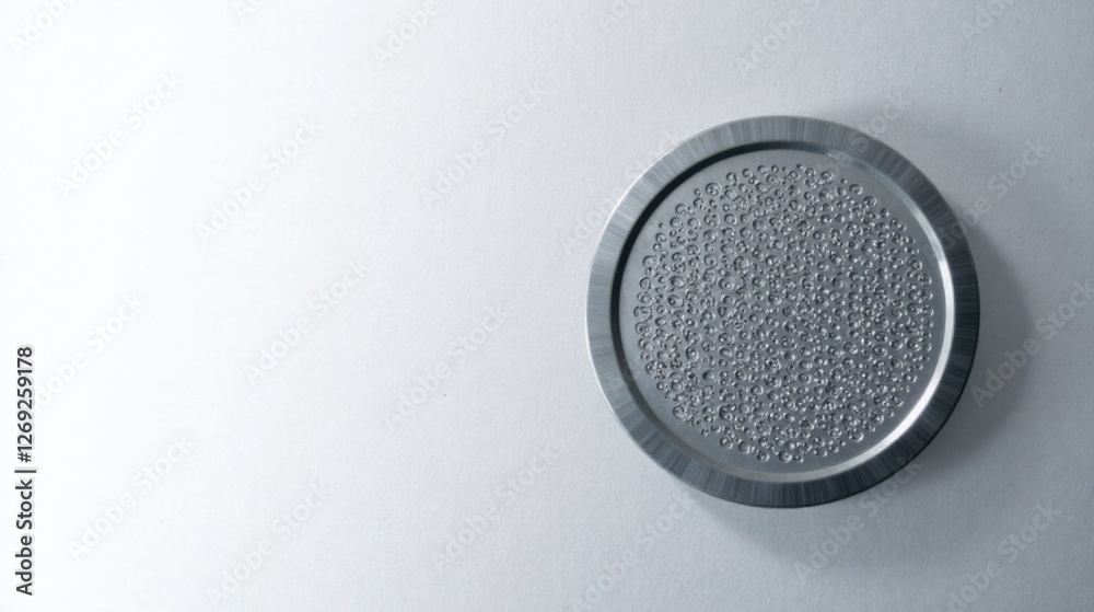 Aufkleber A Detailed Close-Up of a Circular Metallic Object with an Intricate Pattern of Minute Concave Hemispheres, Reminiscent of Water Droplets, Displayed Against a Simple, Unblemished Background