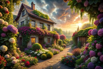 Obraz premium Surreal House Garden: Dreamlike Floral Escape, Whimsical Plants & Pathways