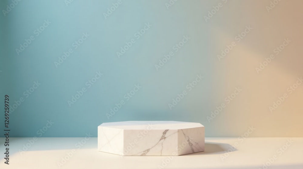 Poster Elegant Octagonal Marble Display Platform Against a Soft Blue and Beige Gradient Background