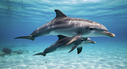 Mother and calf dolphins swimming gracefully in clear ocean waters