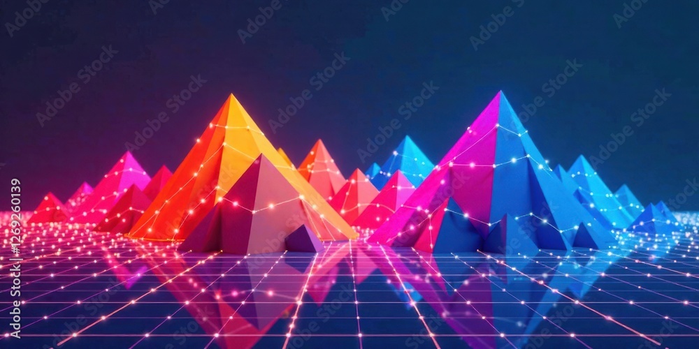 Poster Abstract Colorful Pyramid Peaks Illuminated by a Network of Glowing Lines on a Reflective Surface