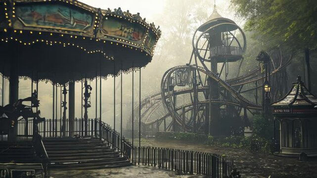 A misty, abandoned amusement park featuring a carousel and roller coaster amidst overgrown foliage.