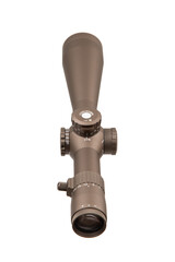 A top-tier rifle scope with a matte brown finish, adjustable turrets, and a magnification dial,...