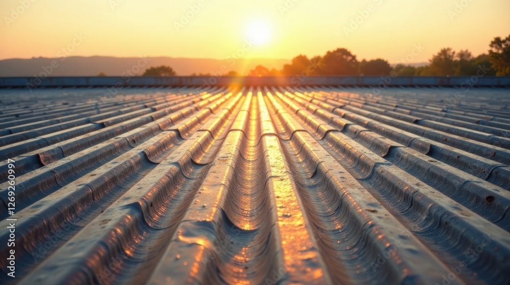 Poster sunset glimmer on corrugated metal roof surface showing linear pattern and warm hues