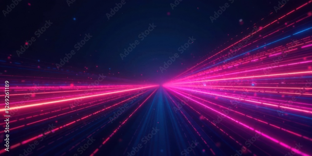 Poster abstract pink and blue light streaks converging at a vanishing point, representing rapid technologic