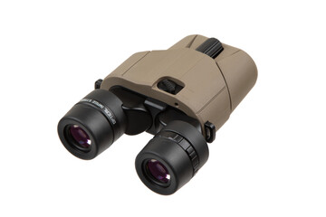 Compact binoculars in tan with black eyepieces, showcasing image stabilization technology, set on a white background.