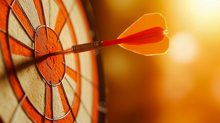 Dart in Bullseye of Dartboard at Sunset