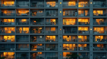 City apartment building at night, illuminated windows, urban scene, stock photo