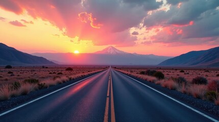 Sunset Journey A Serene Asphalt Road Leading Towards a Majestic Peak Under a Vibrant Sky