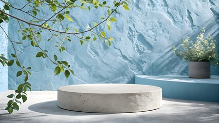 natural stone and concrete podium blue wall background for product photography