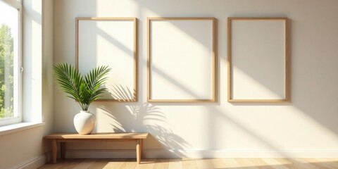Sunlit Room with Empty Frames and Simple Bench